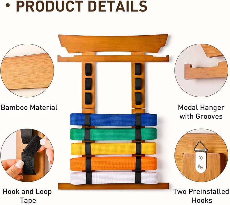 Tilhumt 8 Belt Karate Belt Display Rack with Medal Hanger and Stickers, Taekwondo Belt Display Holder, Martial Arts Belt Display Organizer for Adults, No Assembly Required (Bamboo/Acrylic) - Image 3